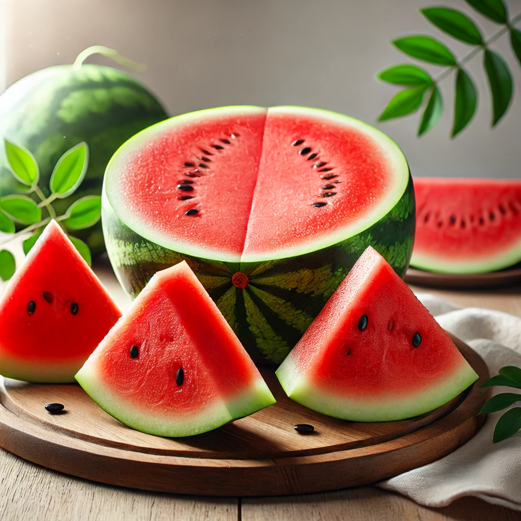 Fresh watermelon sliced in half, showing vibrant red flesh and black seeds, with triangular slic