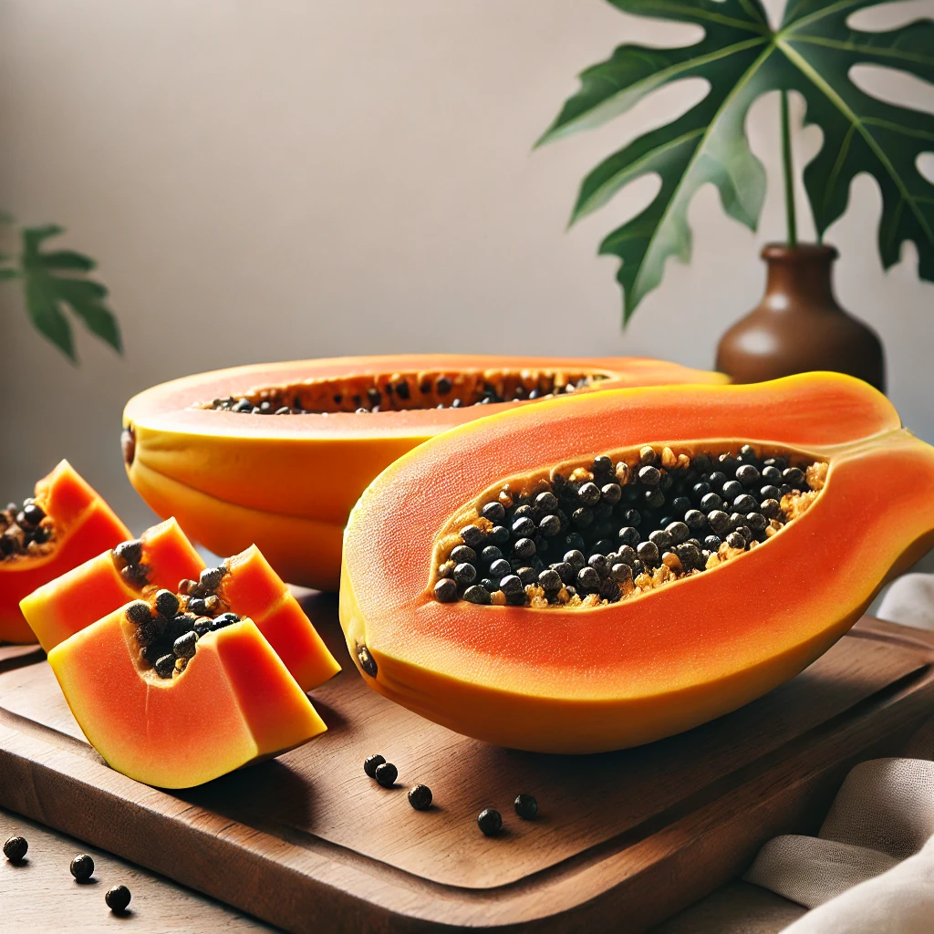 Fresh ripe papaya cut in half, revealing bright orange flesh and black seeds