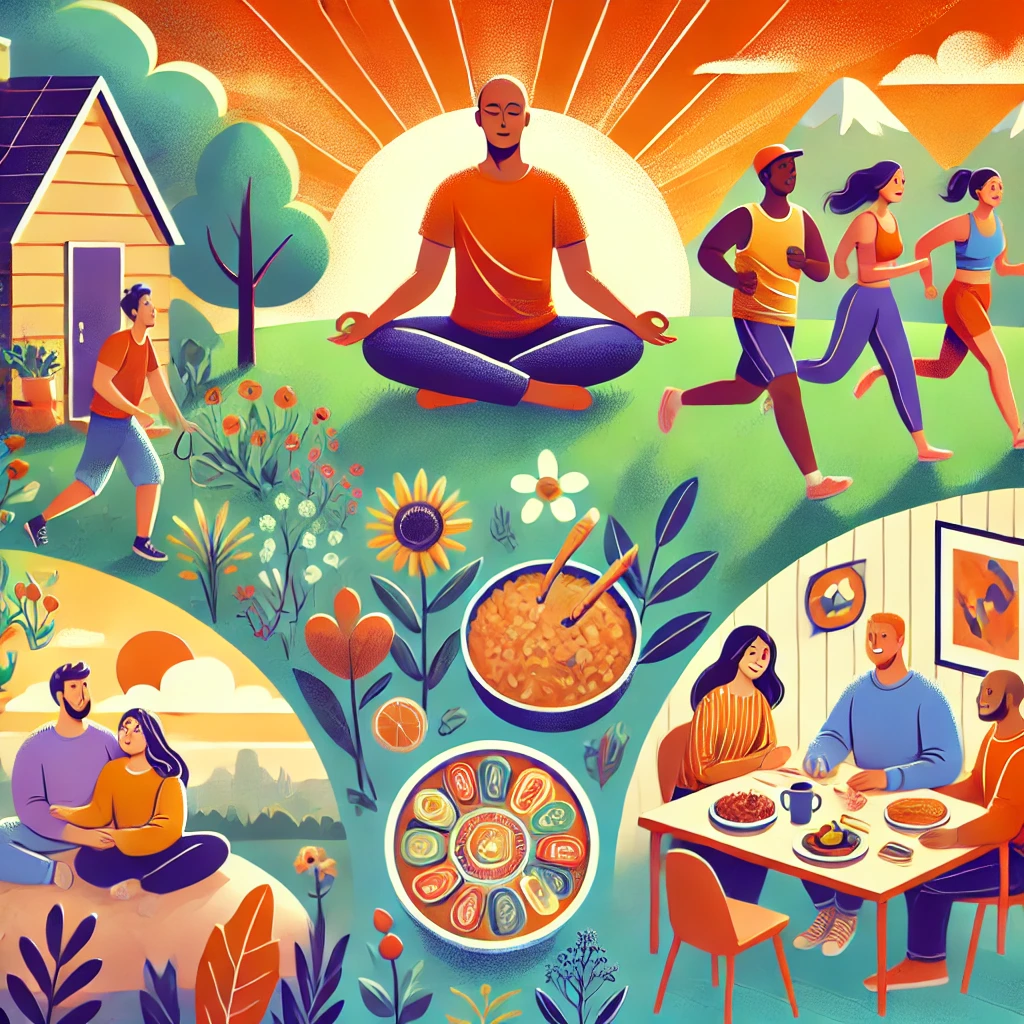 A vibrant and uplifting illustration depicting various strategies for fostering mental health and wellbeing.