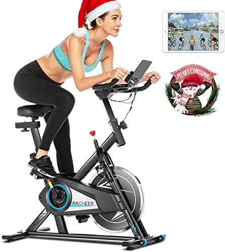 ANCHEER Exercise Bike with APP connection, 35LB Flywheel Max.300LB Indoor Cycling Bike, Belt Drive Stationary Bike, Adjustable Resistance, LCD Monitor, Pad/Phone Holder