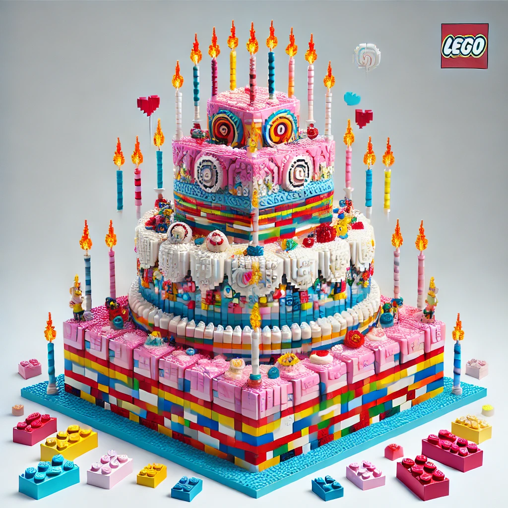 Multi-tiered LEGO-style cake made from colorful LEGO bricks, featuring intricate frosting details and candles on top.