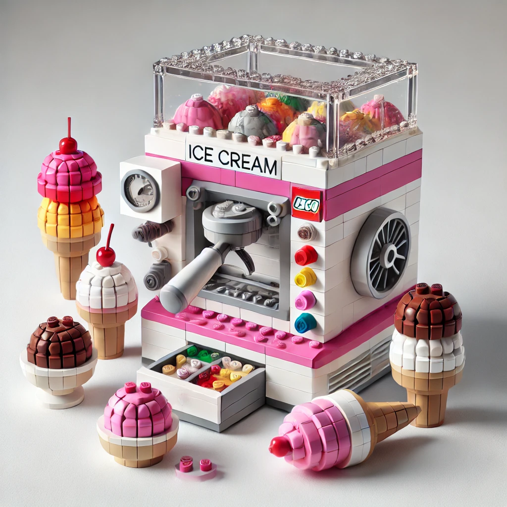 Lego Ice Cream Maker set with rotating machine, ice cream cones, scoops, and toppings, featuring colorful Lego bricks and characters enjoying their treats.